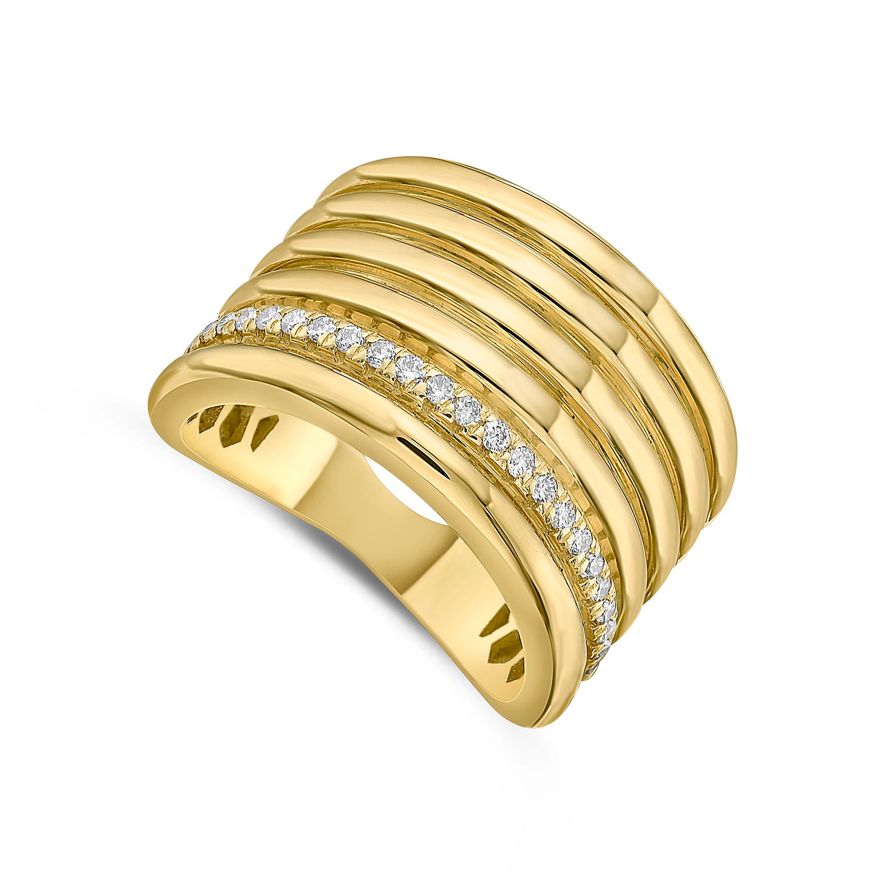 Barmakian Wide High Polish Ribbed Diamond Ring