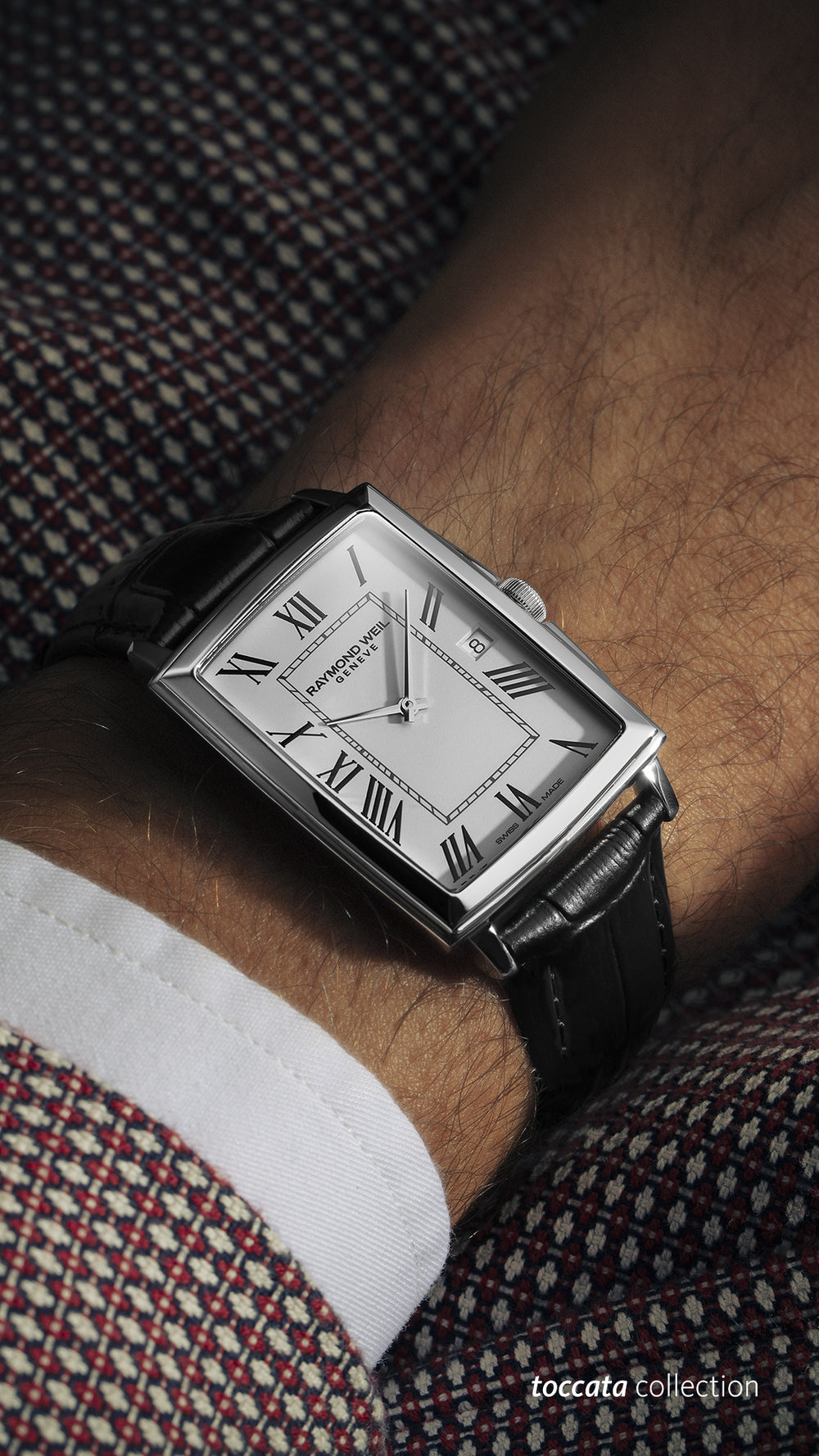 Toccata Men's Rectangular White Dial Black Leather Watch