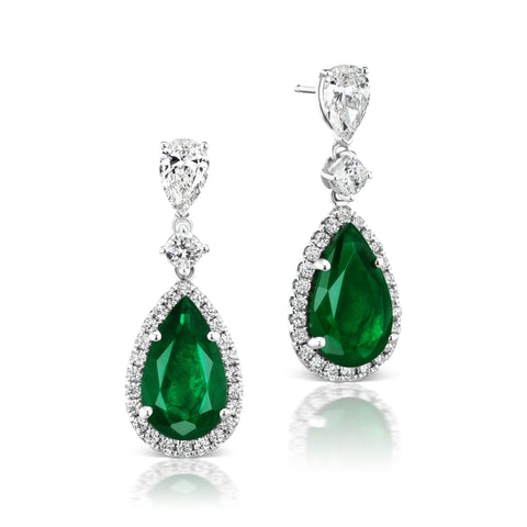 Pear Shape Emerald and Diamond Drop Earrings
