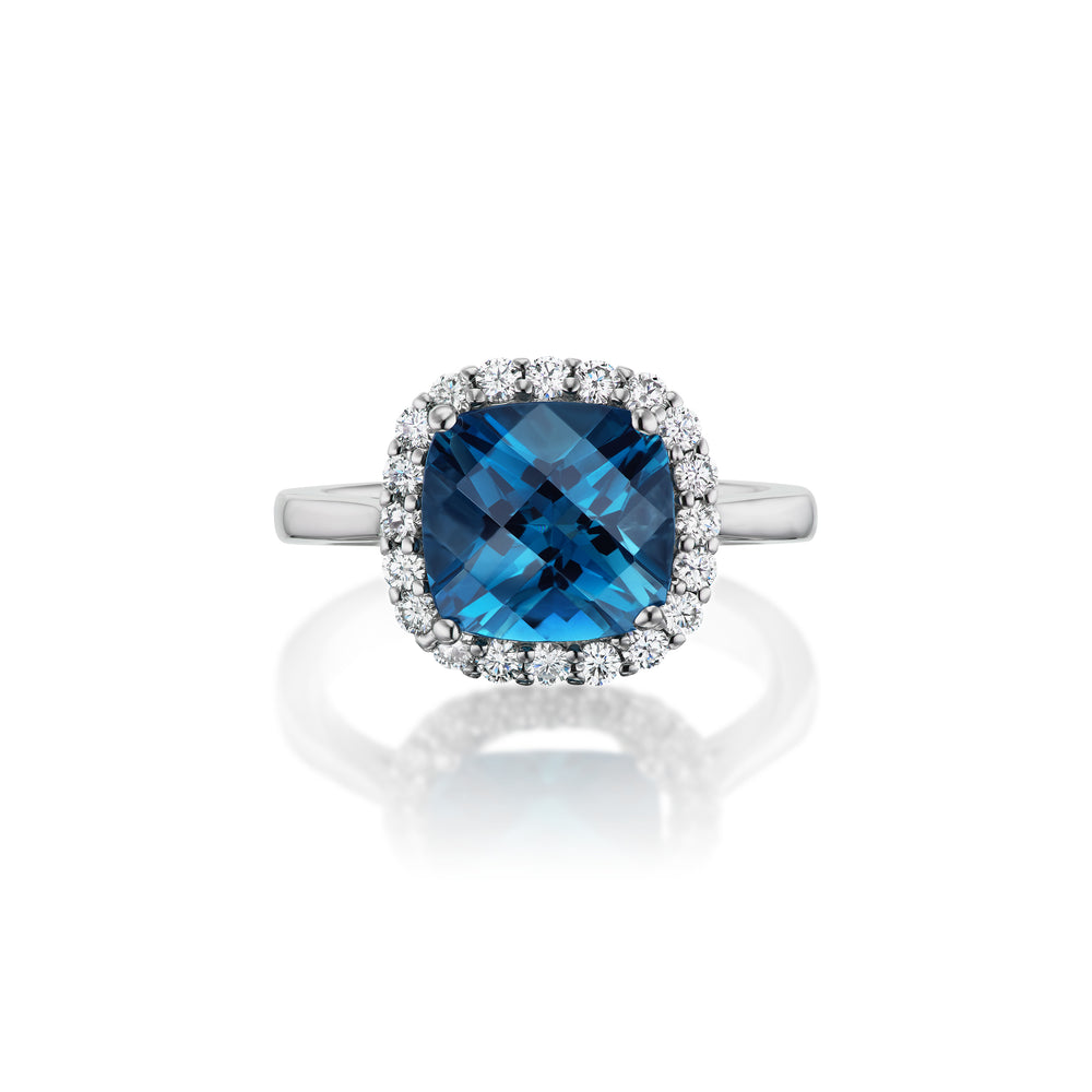 London Blue Topaz and Diamond Halo Ring