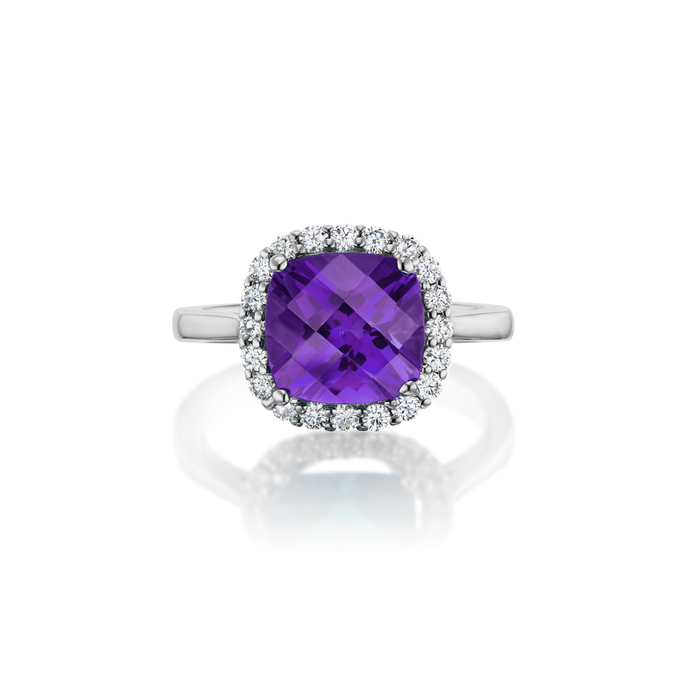 Amethyst and Diamond Halo Ring