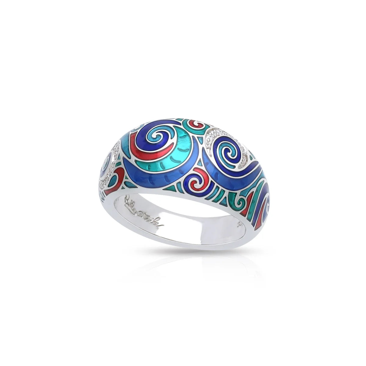 Belle Etoile Tides Ring in silver with swirling teal, blue, and red Italian enamel accents inspired by ocean waves