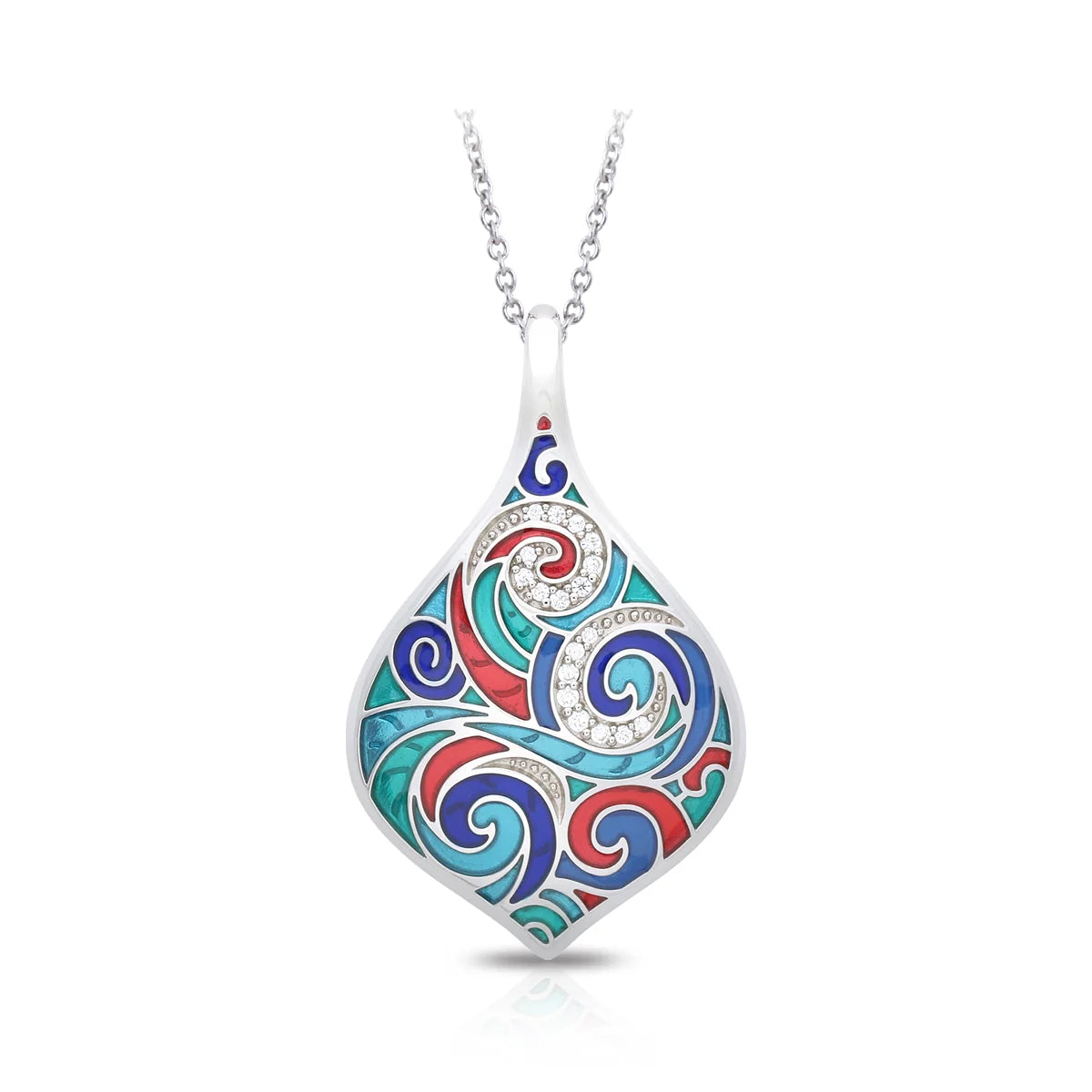Belle Etoile Tides Pendant, silver teardrop pendant with swirling teal, blue, and red hand-painted Italian enamel on a chain