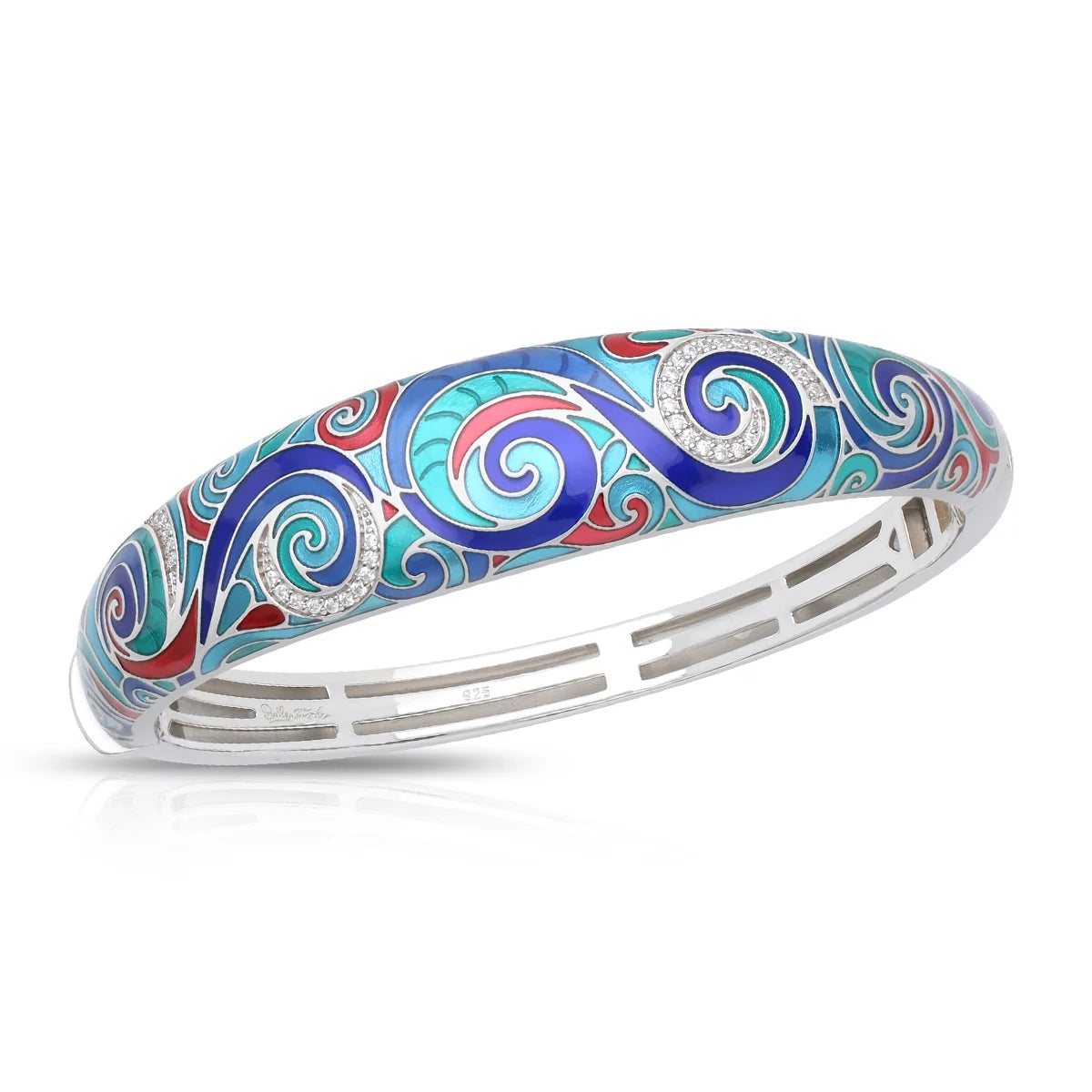 Belle Etoile Tides Bangle in silver with swirling teal ocean blue and red Italian enamel and openwork band design