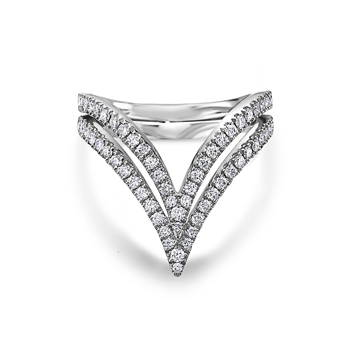 Charles Krypell Double V Diamond Ring in 18kt white gold with 31 round brilliant diamonds totaling 0.70ct, front view