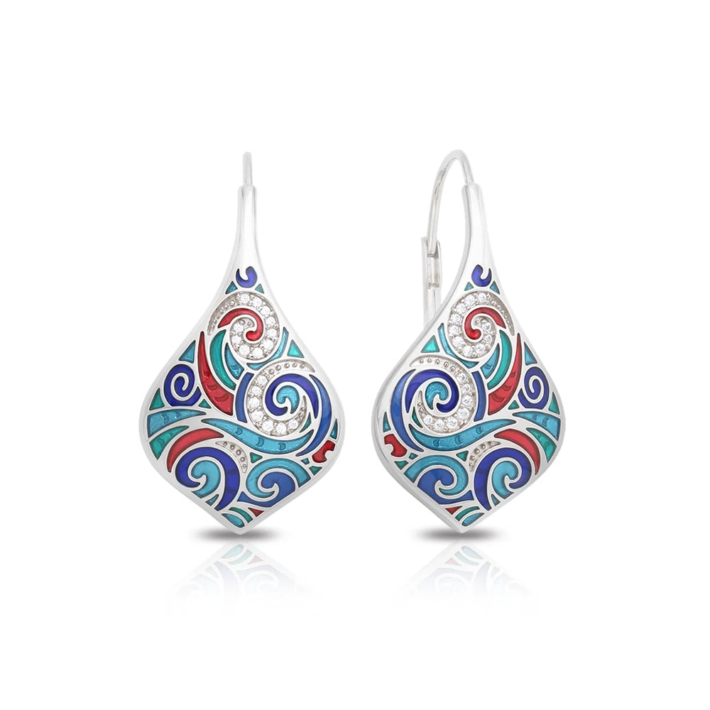 Belle Etoile Tides Earrings in silver with colorful swirling teal, blue, and red enamel designs and drop hooks
