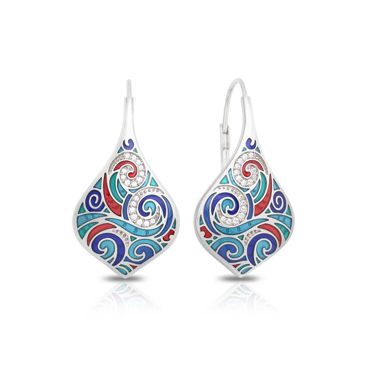 Belle Etoile Tides Earrings in silver with colorful swirling teal, blue, and red enamel designs and drop hooks