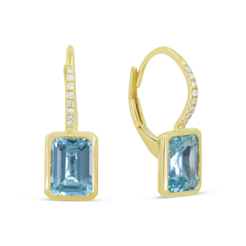 Yellow Gold Swiss Blue Topaz and Diamond Leverback Earrings