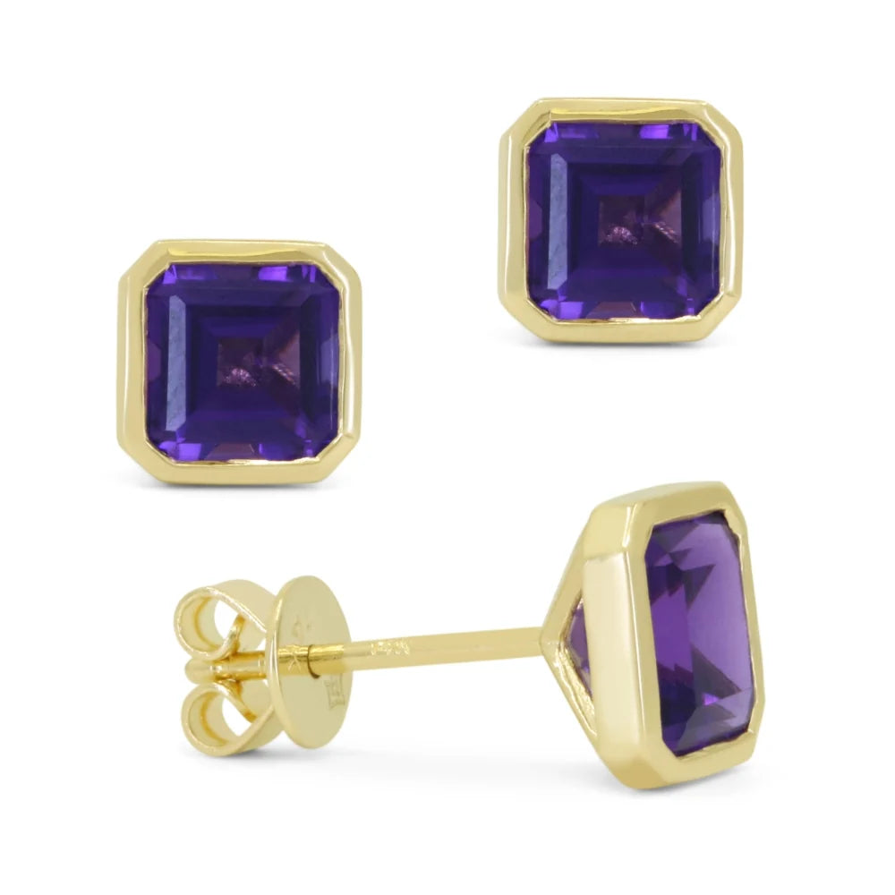 Yellow Gold Bezel Set Amethyst Stud Earrings
