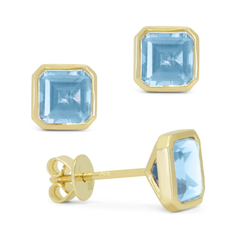 Yellow Gold Bezel Set Blue Topaz Stud Earrings