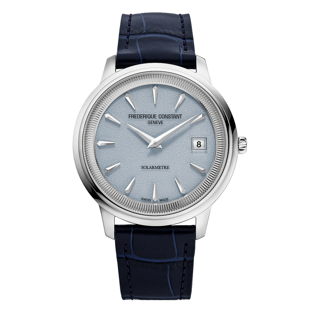 Frederique Constant Moneta Solarmetre watch by Frederique Constant with ice blue dial silver tone case date window and blue leather strap