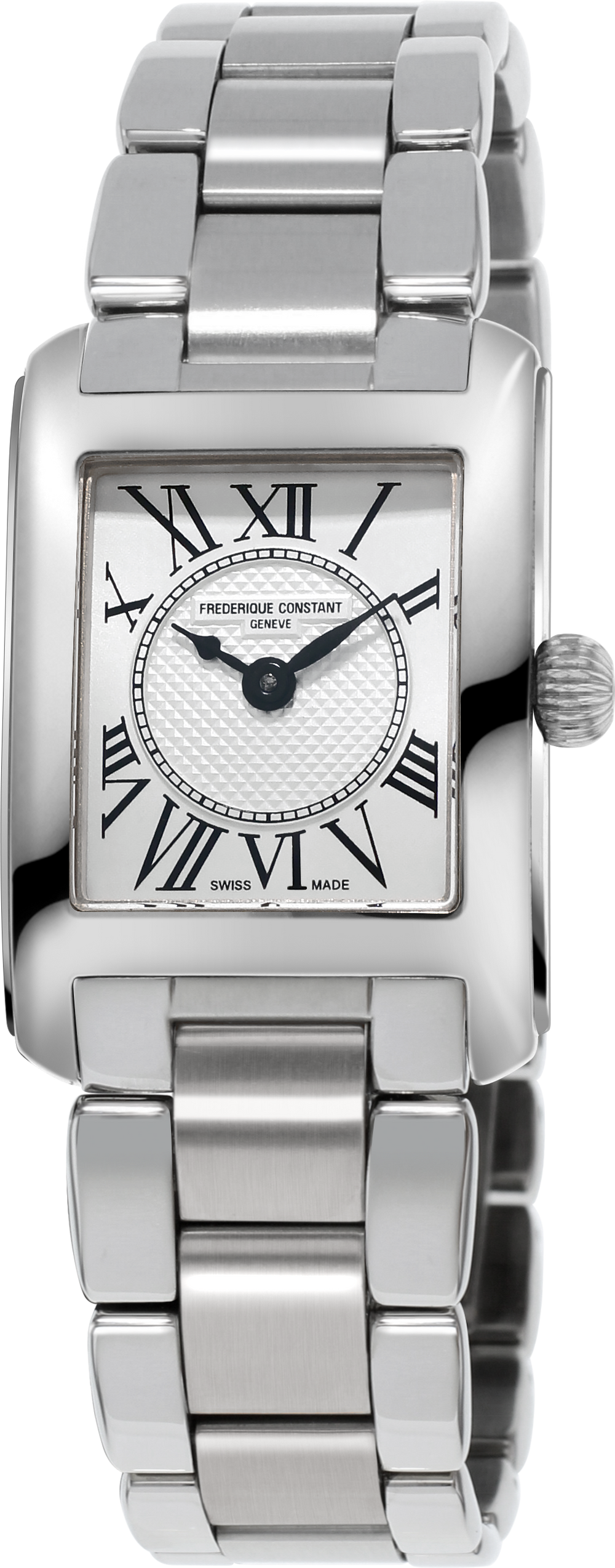 Frederique Constant Classics Carrée watch by Frederique Constant with silver-tone rectangular case, white dial, Roman numeral markers, and metal bracelet
