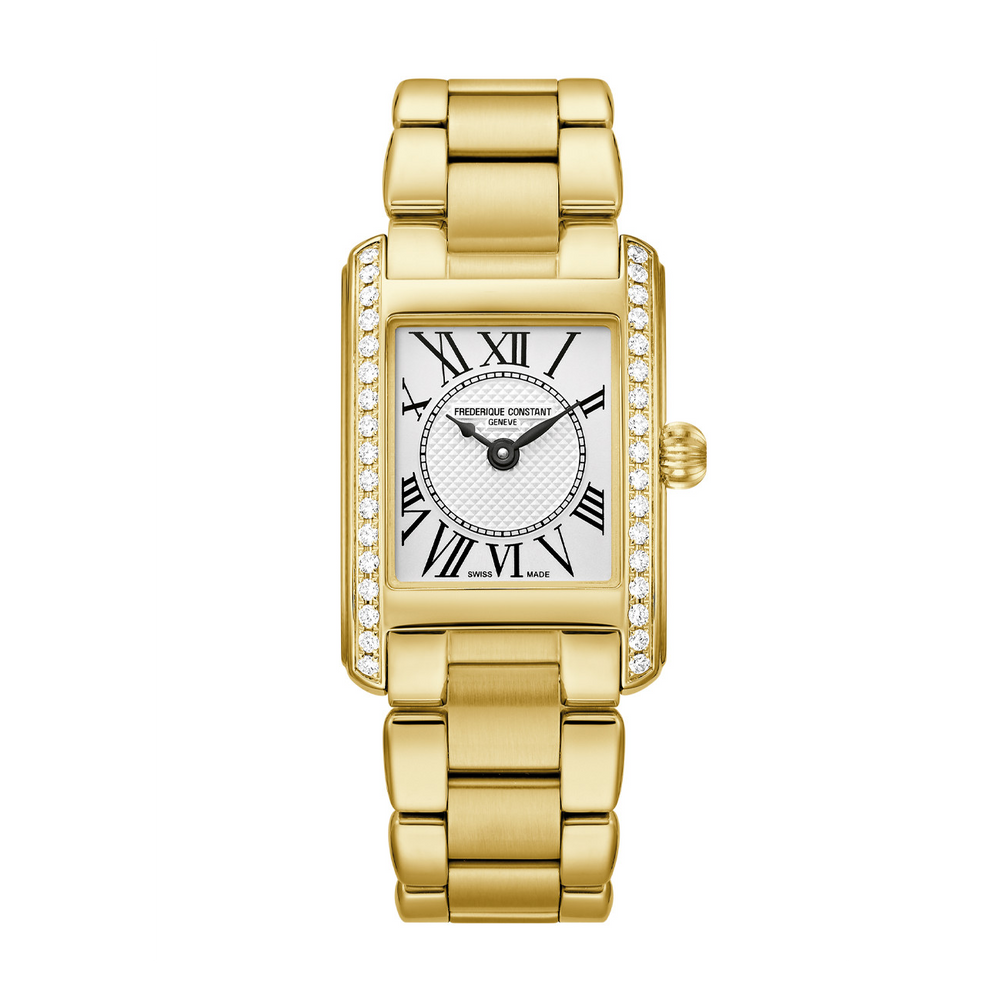 Frederique Constant Classics Carrée watch by Frederique Constant with gold-tone rectangular case, diamond-set sides, Roman numeral dial, and bracelet