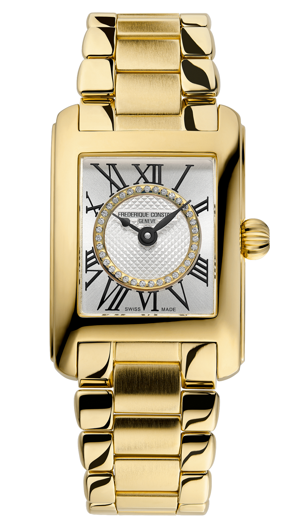 Frederique Constant Classics Carrée watch by Frederique Constant with gold-tone rectangular case, diamond-set bezel, Roman numeral dial, and bracelet