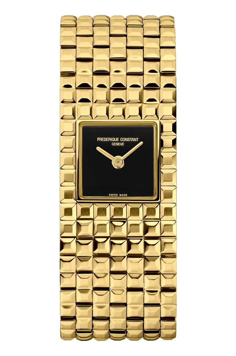 Frederique Constant Classics Manchette watch by Frederique Constant with gold-tone rectangular case, black dial, and integrated bracelet