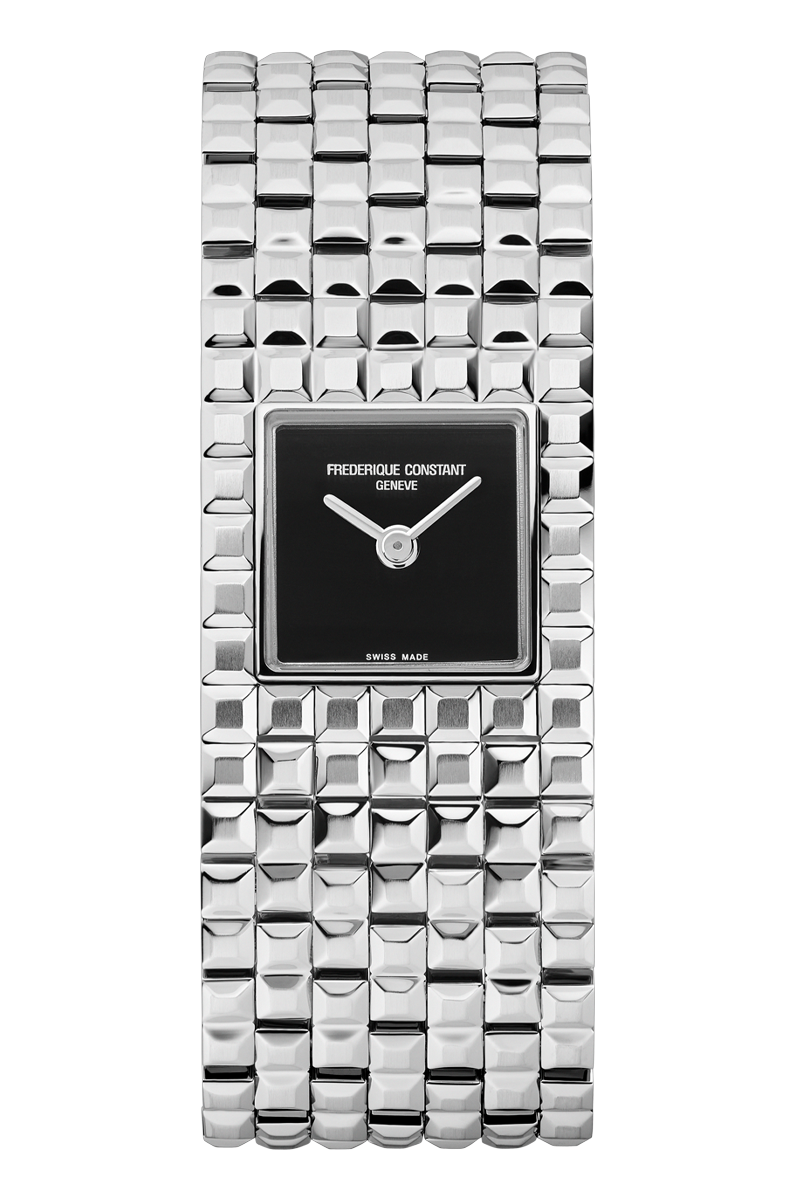 Frederique Constant Classics Manchette watch by Frederique Constant with silver tone rectangular case, black dial, and integrated bracelet
