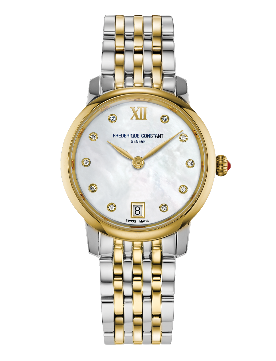 Frederique Constant Classics Slimline Ladies watch with mother of pearl dial, diamond markers, date window, and two tone bracelet