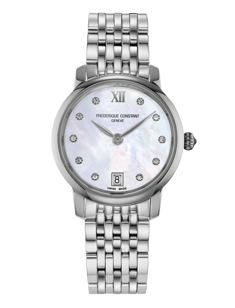 Frederique Constant Classics Slimline Ladies watch with mother of pearl dial, diamond hour markers, date window, and stainless steel bracelet