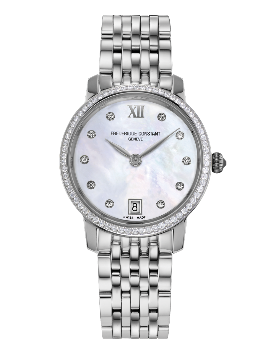 Frederique Constant Classics Slimline Ladies watch with mother of pearl dial diamond bezel and silver tone bracelet