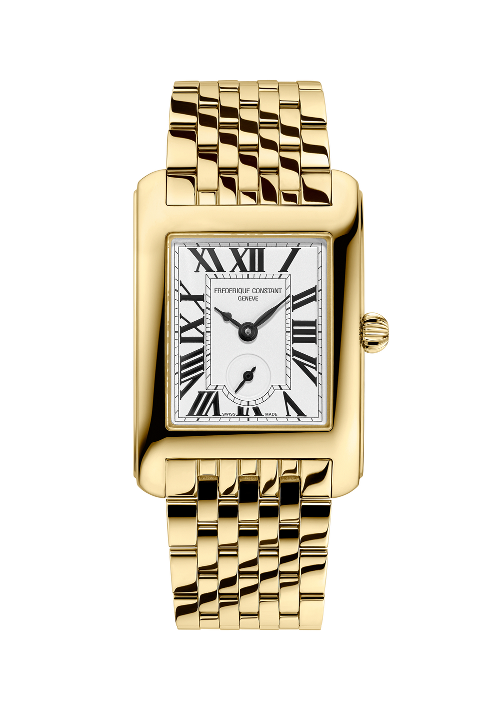 Frederique Constant Classics Carrée Small Seconds gold tone rectangular watch with Roman numeral dial and bracelet