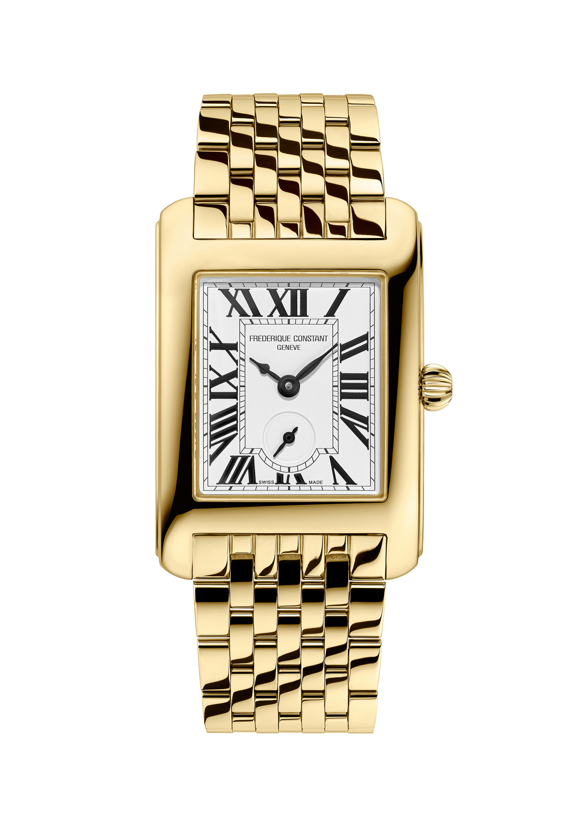 Frederique Constant Classics Carrée Small Seconds gold tone rectangular watch with Roman numeral dial and bracelet