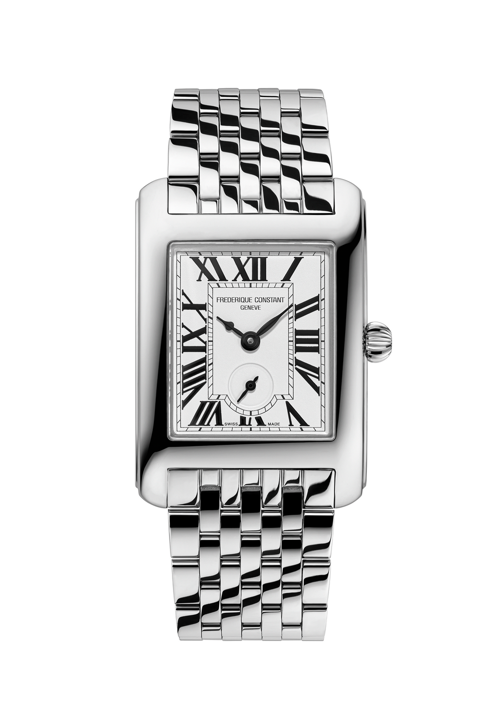 Frederique Constant Classics Carrée Small Seconds silver watch with rectangular white Roman numeral dial and metal bracelet