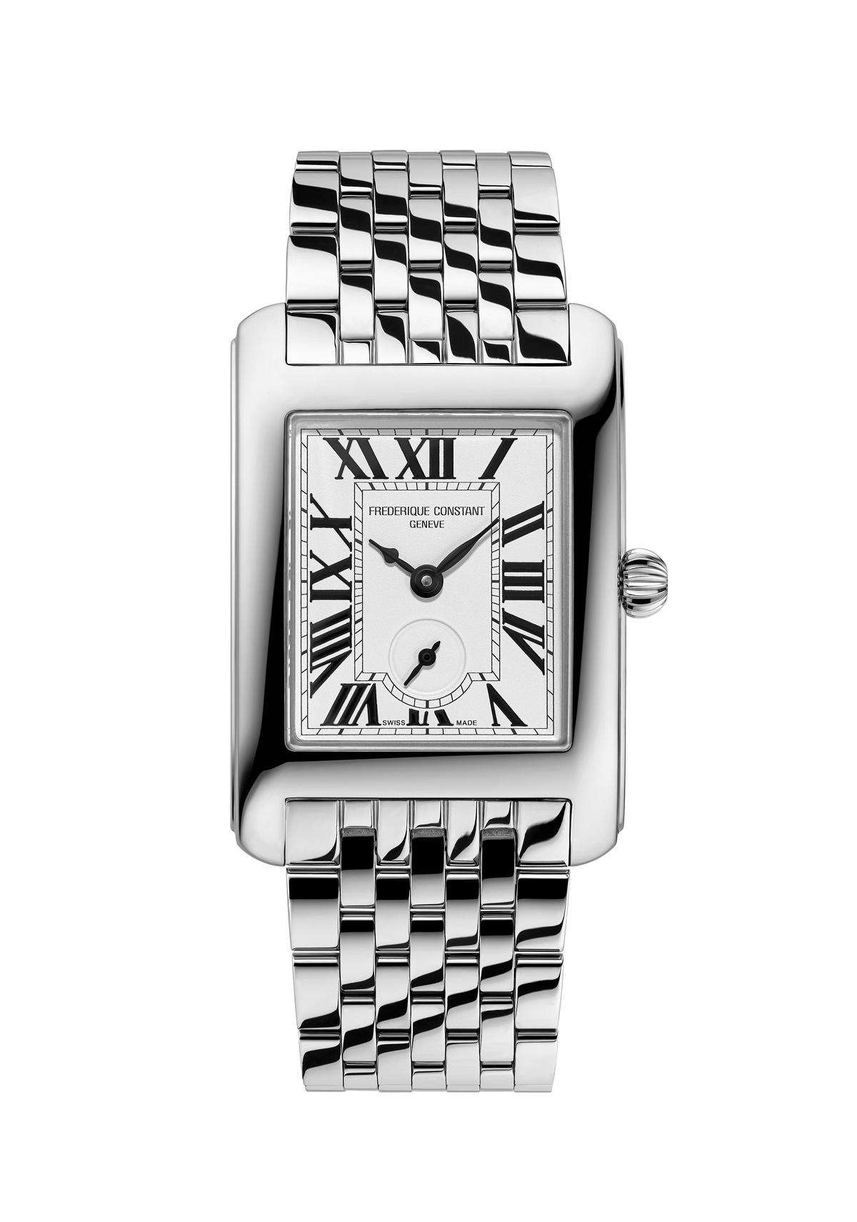 Frederique Constant Classics Carrée Small Seconds silver watch with rectangular white Roman numeral dial and metal bracelet