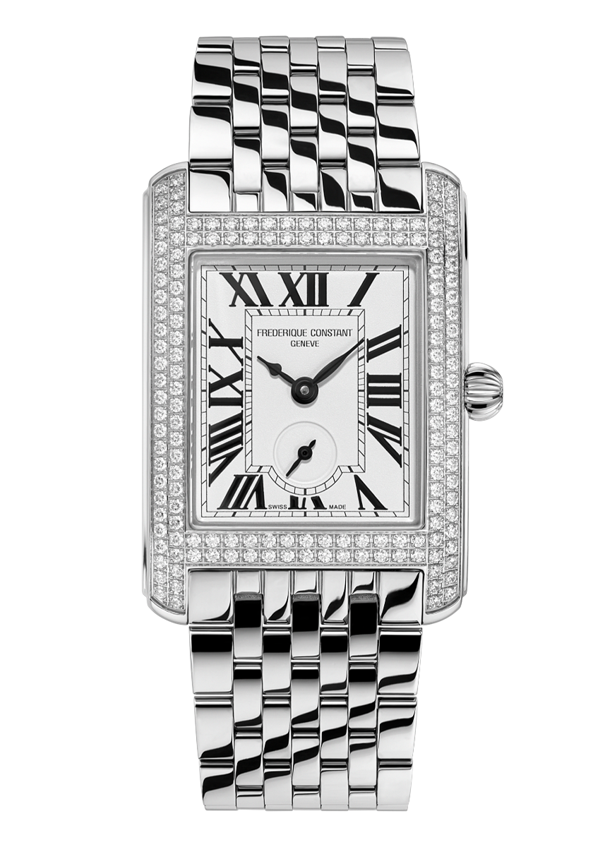 Frederique Constant Classics Carrée Small Seconds watch with diamond-set rectangular case, Roman numerals, and silver bracelet