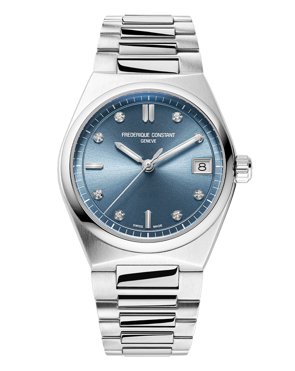 Frederique Constant Highlife Ladies Quartz watch with silver tone bracelet, icy blue sunray dial, date window, and crystal hour markers