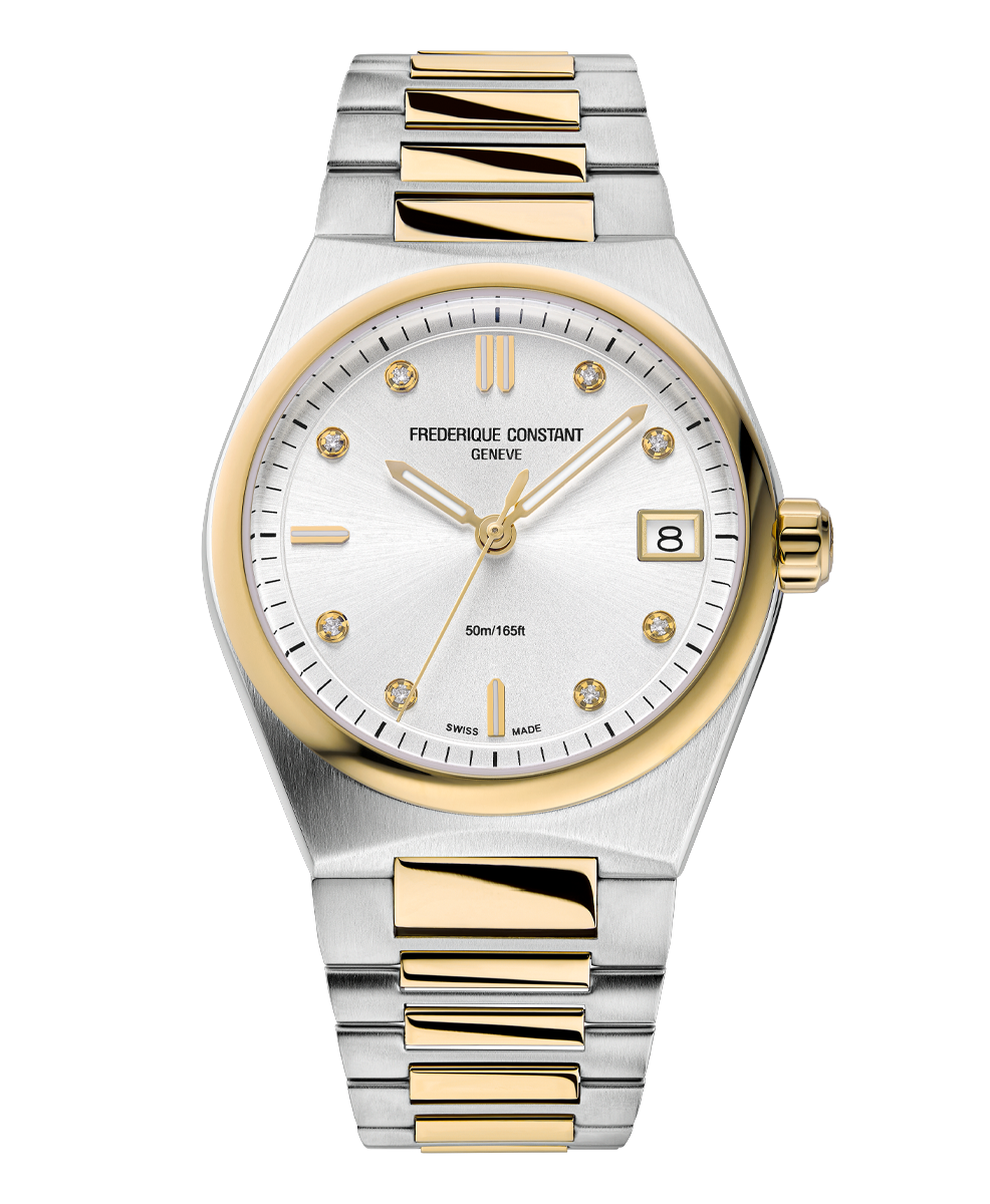 Frederique Constant Highlife Ladies Quartz two tone watch with silver dial gold tone accents luminescent markers and date display