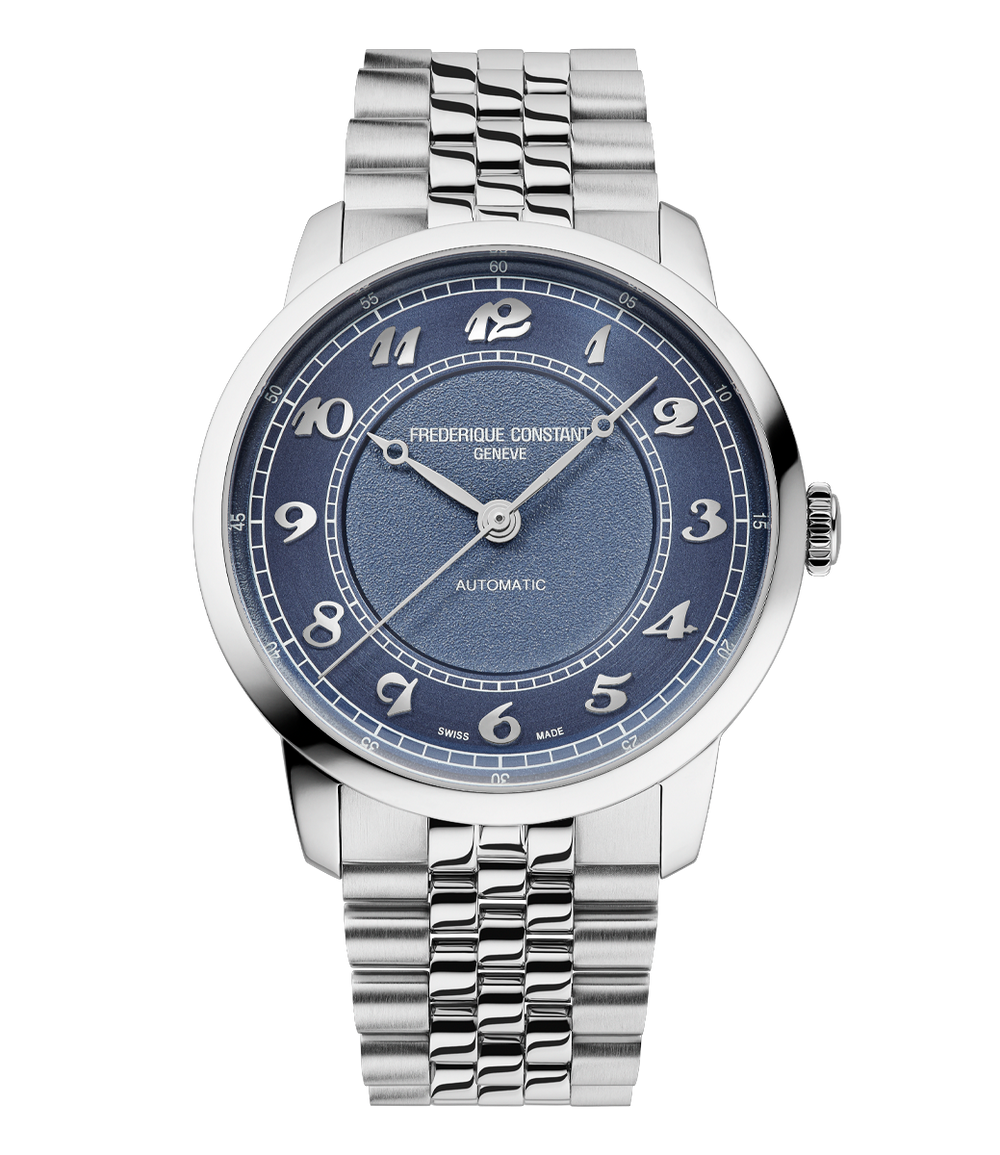 Frederique Constant Classics Premiere automatic watch with cloud blue dial, silver tone steel bracelet, and Arabic numerals