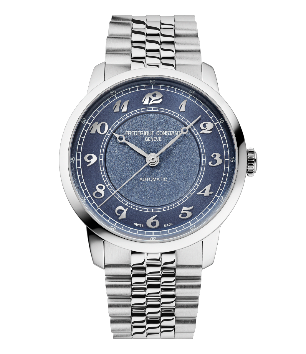 Frederique Constant Classics Premiere automatic watch with cloud blue dial, silver tone steel bracelet, and Arabic numerals