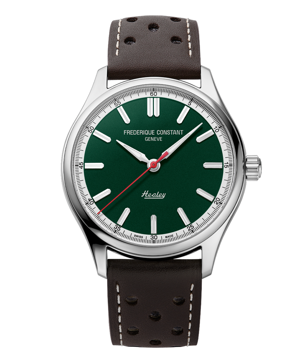 Frederique Constant Classics Vintage Rally Healey Automatic watch with green dial, silver indexes, and brown perforated leather strap