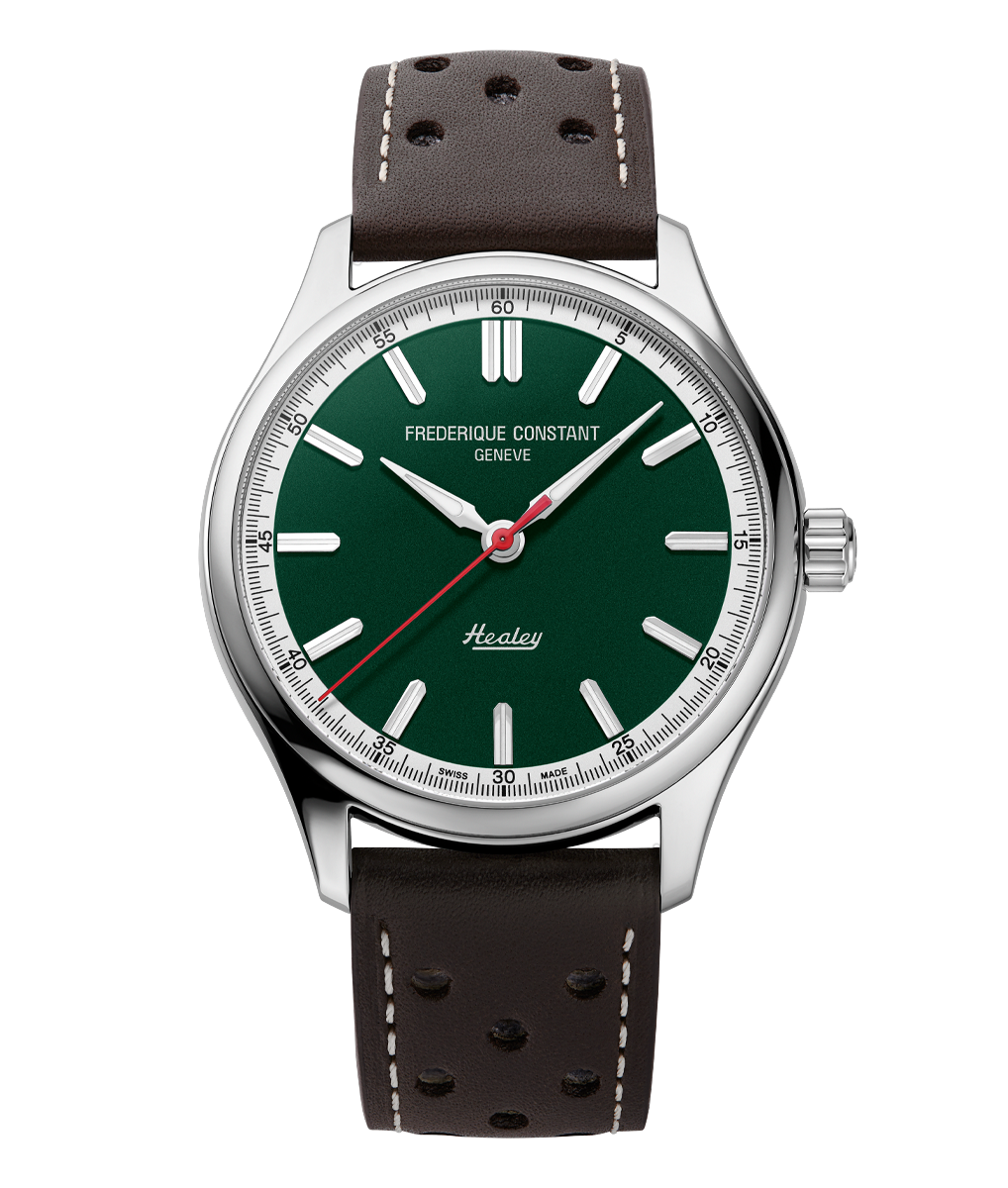 Frederique Constant Classics Vintage Rally Healey Automatic watch with green dial, silver indexes, and brown perforated leather strap