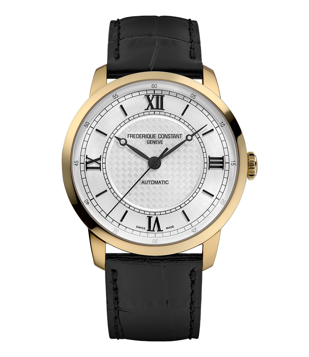 Frederique Constant Classics Premiere gold tone automatic watch with white dial Roman numerals and black leather strap