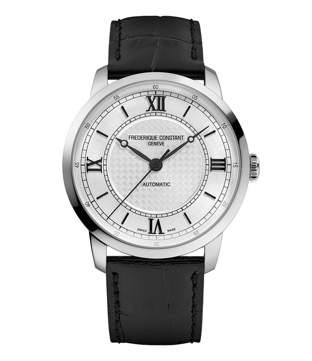 Frederique Constant Classics Premiere automatic watch with silver textured dial and black leather strap
