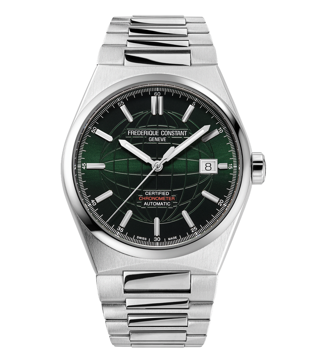 Frederique Constant Highlife Automatic COSC watch with stainless steel bracelet and dark green globe dial