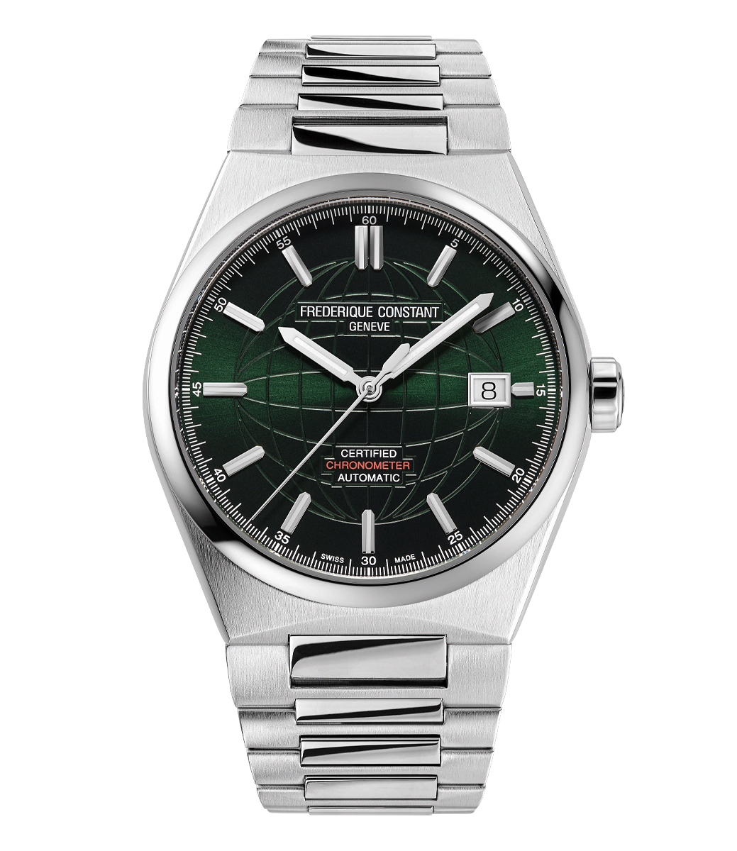 Frederique Constant Highlife Automatic COSC watch with stainless steel bracelet and dark green globe dial