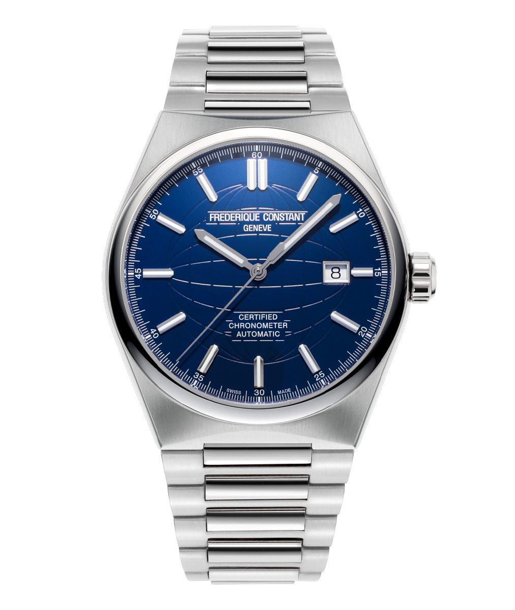 Frederique Constant Highlife Automatic COSC watch with navy blue globe dial, silver markers, date display, and stainless steel bracelet