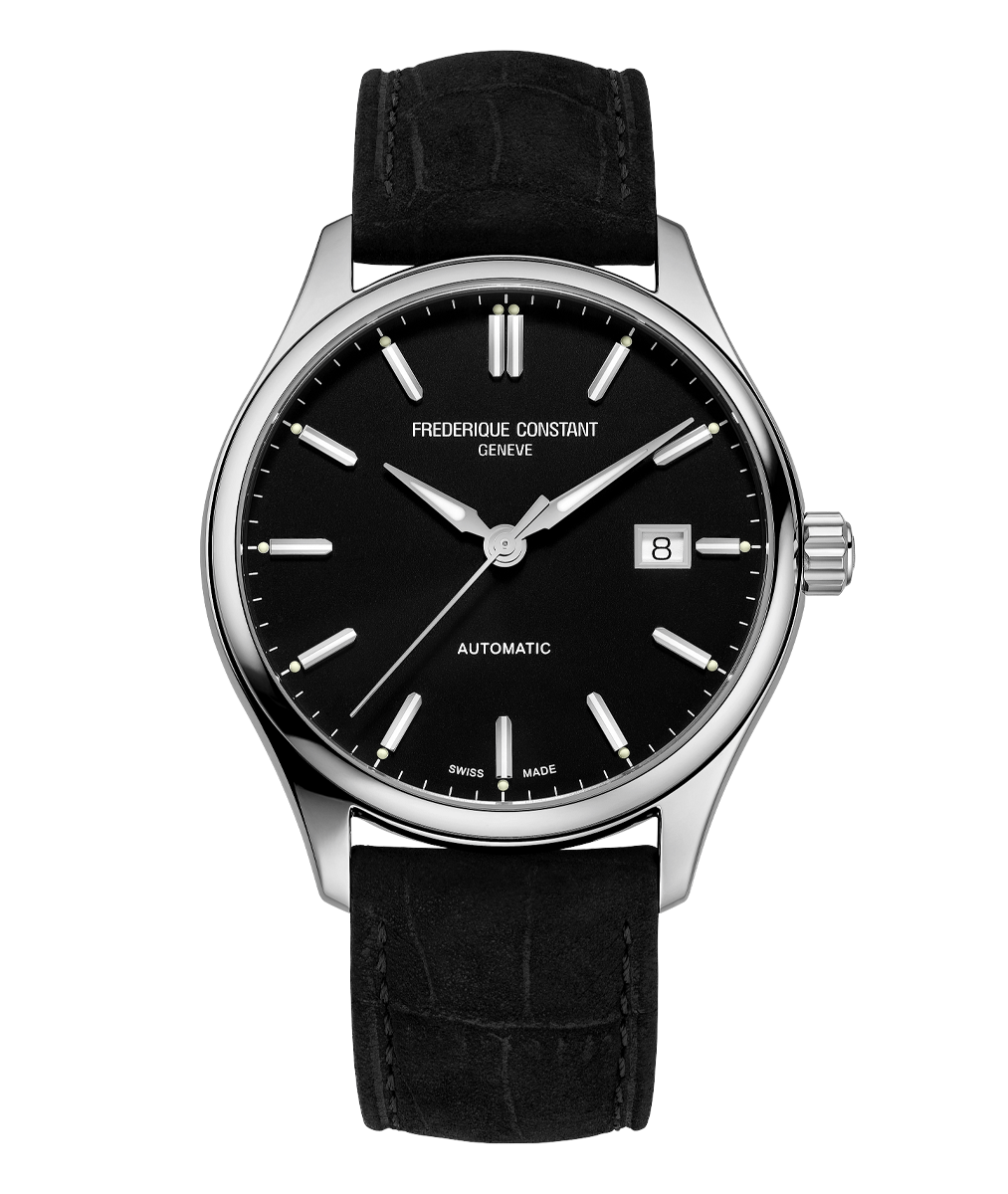 Frederique Constant Classics Index Automatic watch with black dial black leather strap silver markers and date window