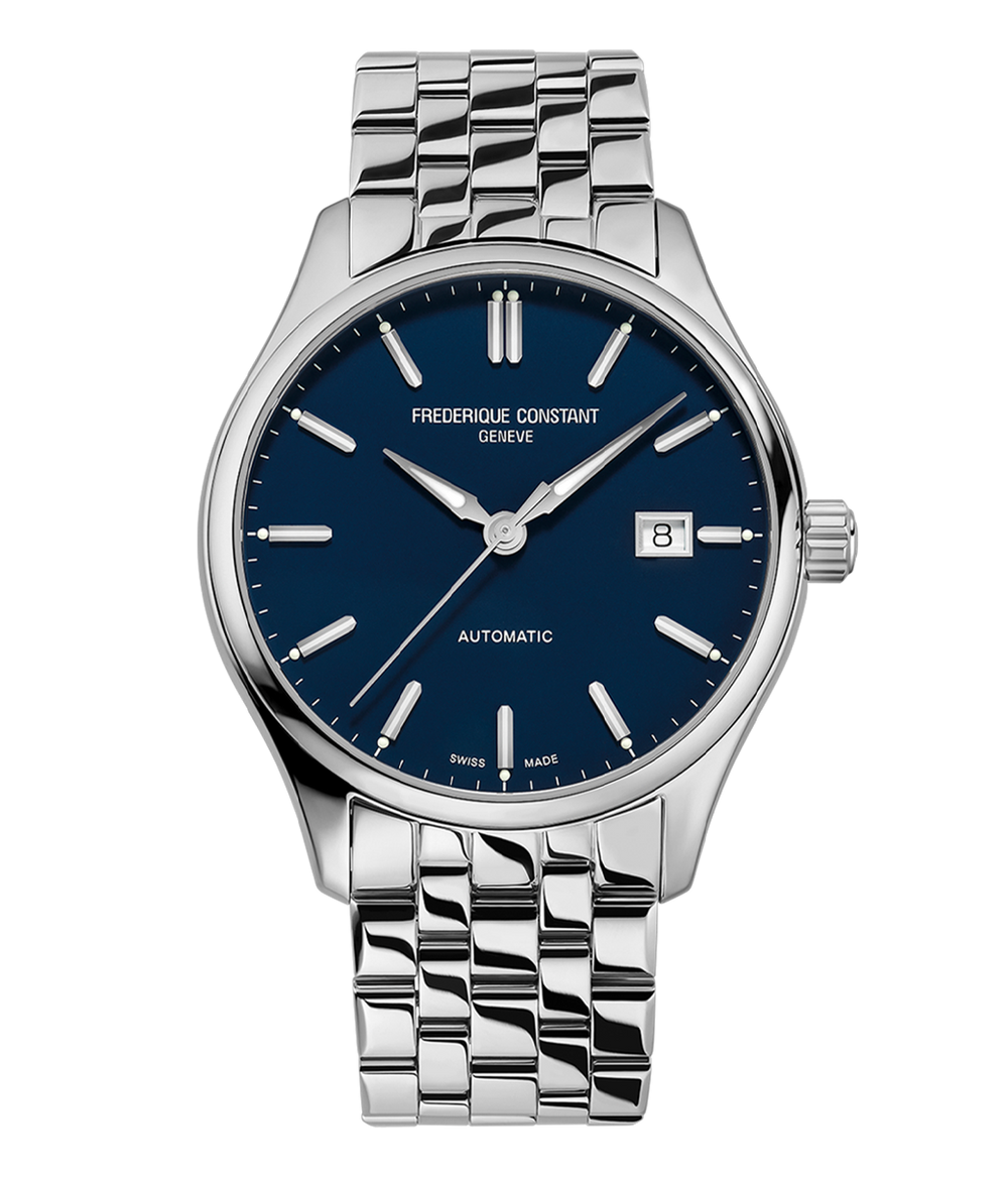 Frederique Constant Classics Index Automatic watch with blue dial, silver-tone markers, date window, and stainless steel bracelet