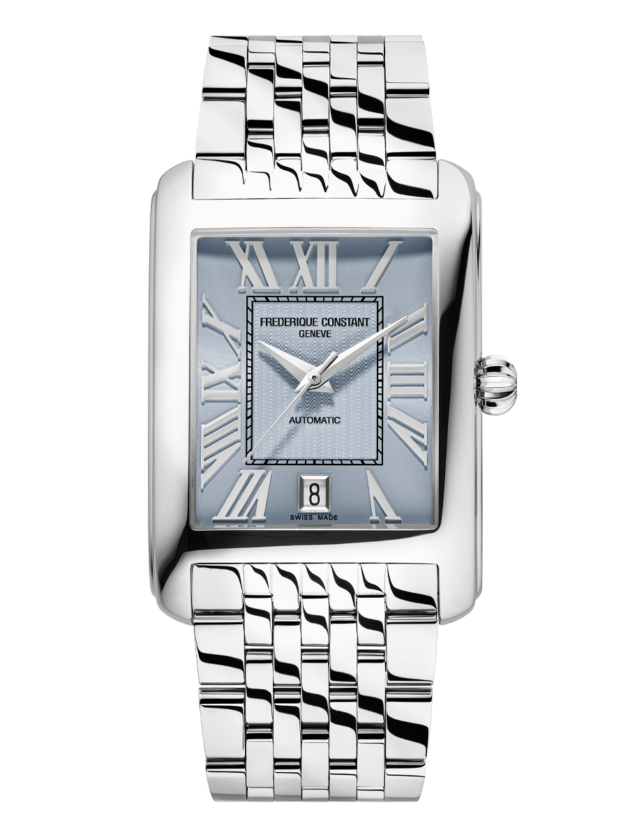 Frederique Constant Classics Carrée Automatic silver rectangular watch with blue Roman numeral dial and stainless steel bracelet