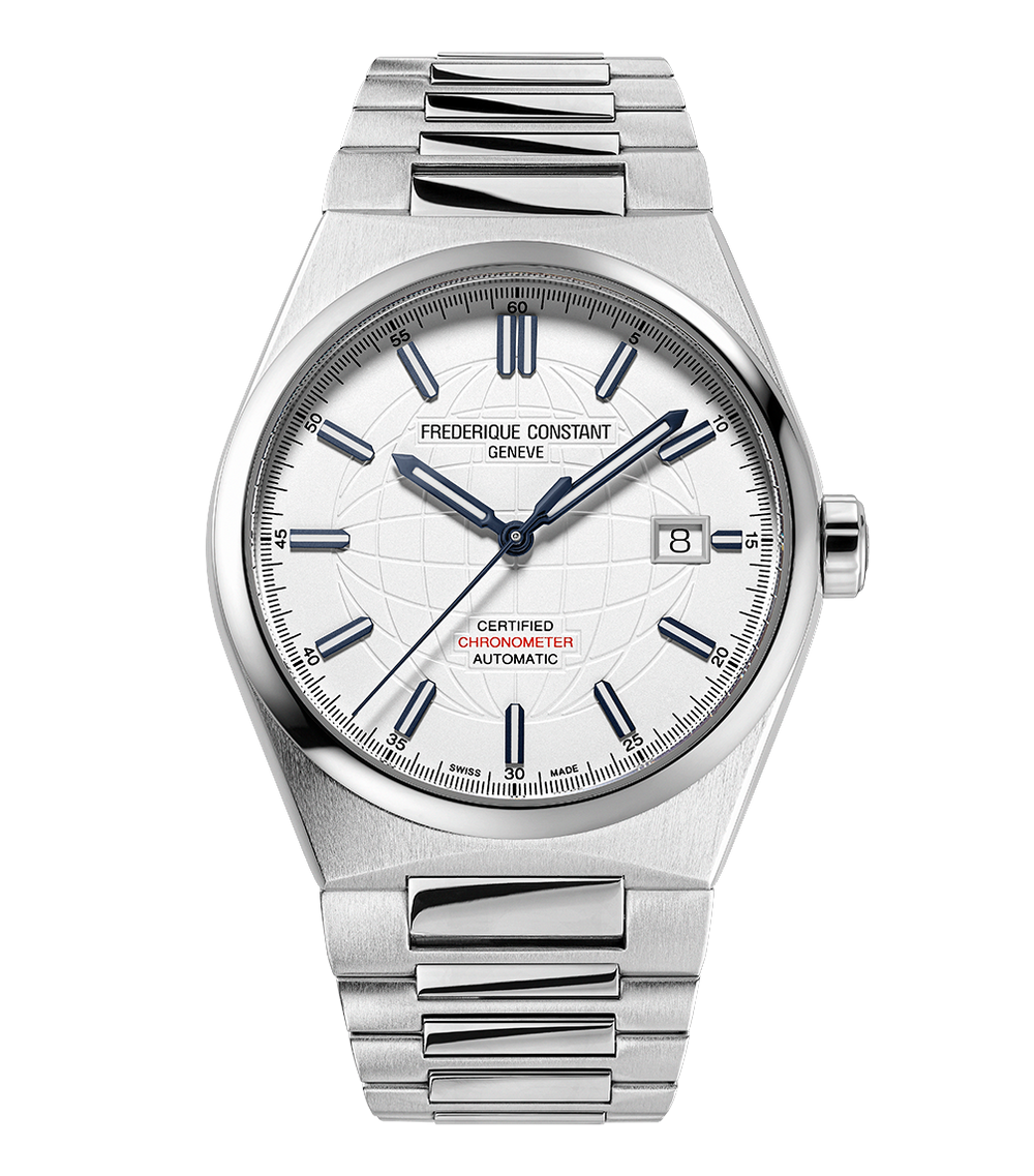 Frederique Constant Highlife Automatic COSC watch with silver globe dial stainless steel bracelet blue hands and date window
