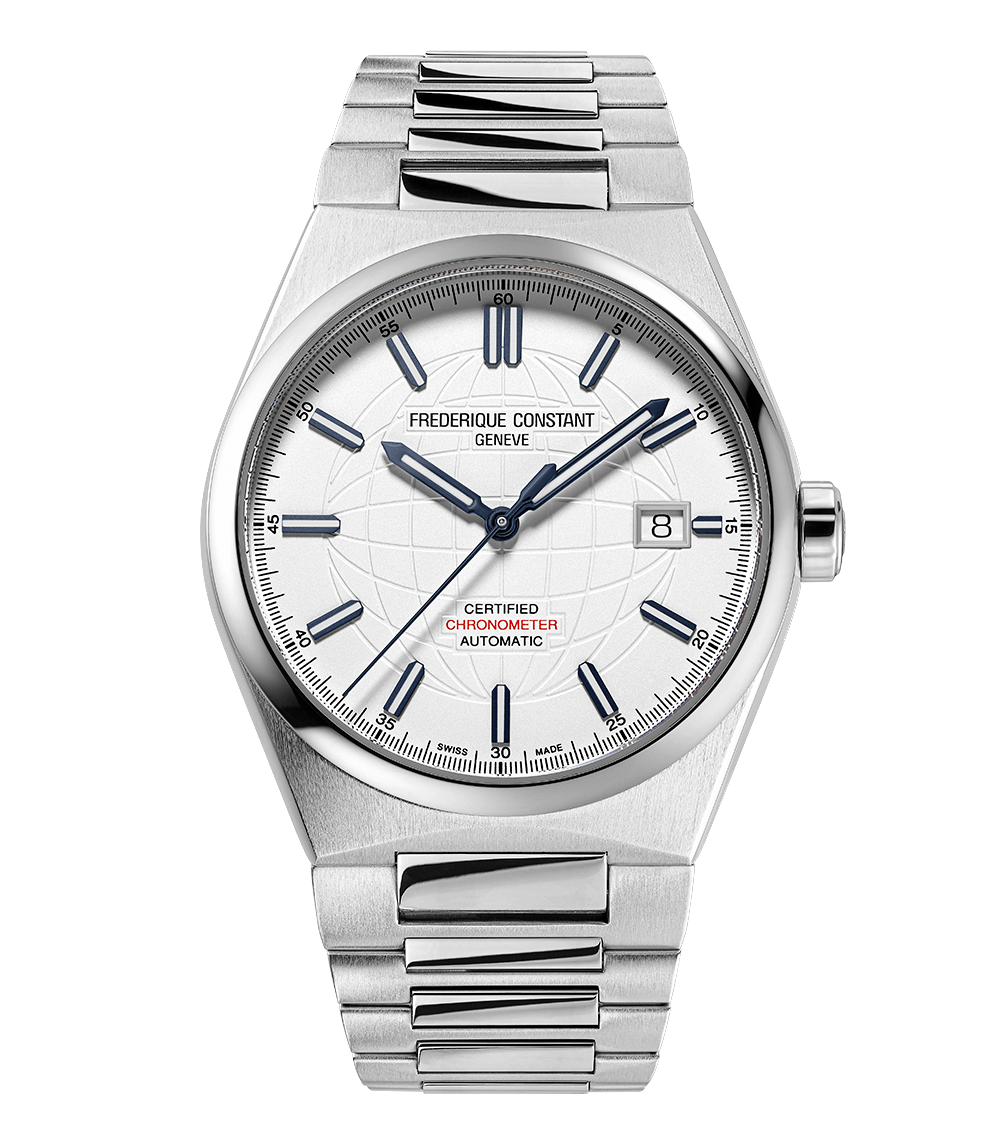 Frederique Constant Highlife Automatic COSC watch with silver globe dial stainless steel bracelet blue hands and date window