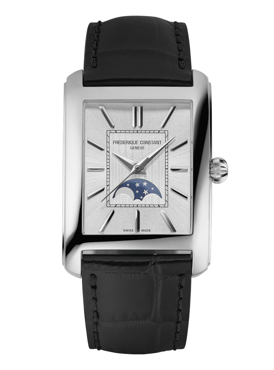 Frederique Constant Classics Carrée Moonphase Automatic watch with silver rectangular dial, moonphase display, and black leather strap
