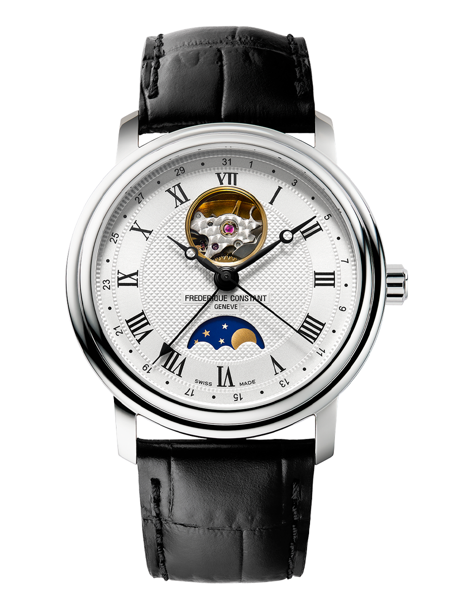 Frederique Constant Classics Heart Beat Moonphase Date watch with silver guilloche dial, Roman numerals, moonphase display, and black leather strap