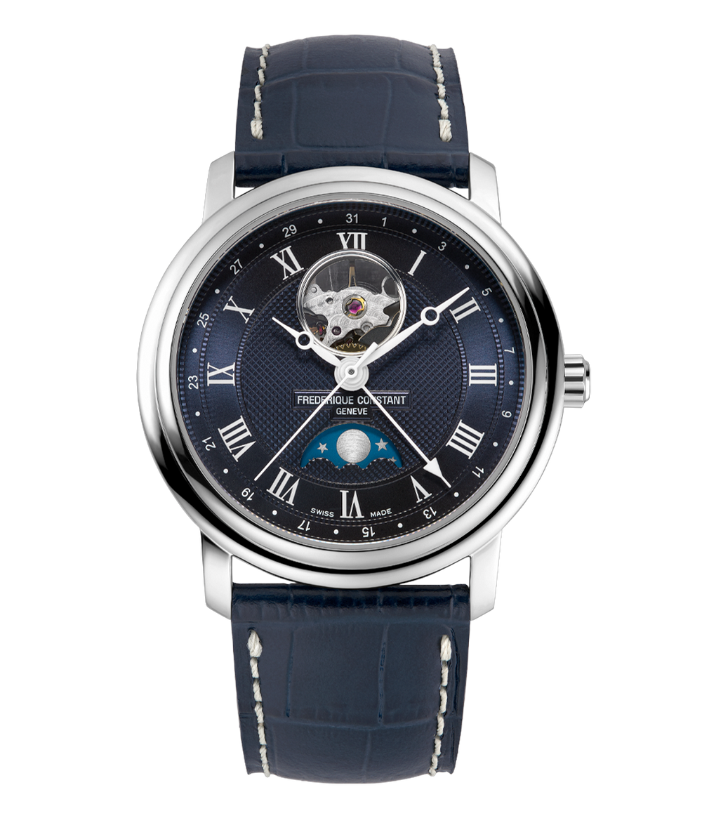 Frederique Constant Classics Heart Beat Moonphase Date watch with blue guilloche dial Roman numerals and moonphase display