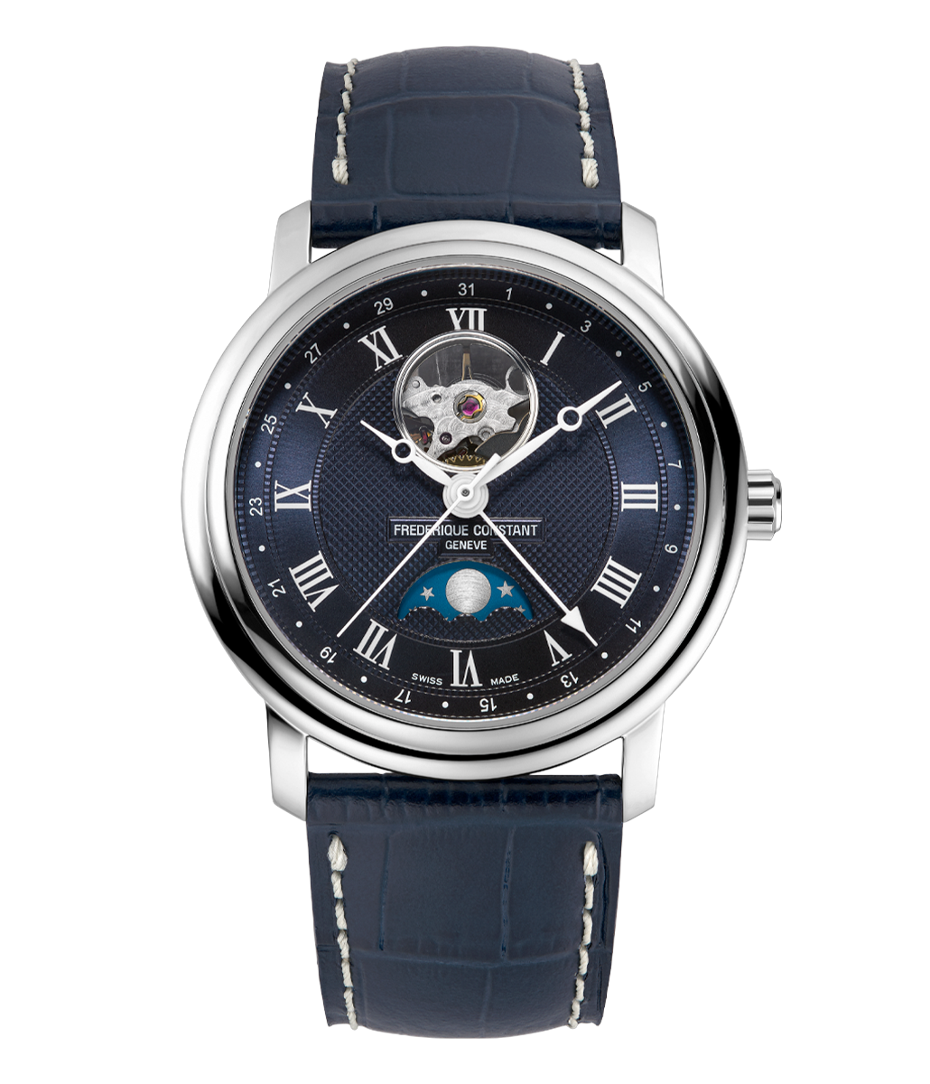 Frederique Constant Classics Heart Beat Moonphase Date watch with blue guilloche dial Roman numerals and moonphase display