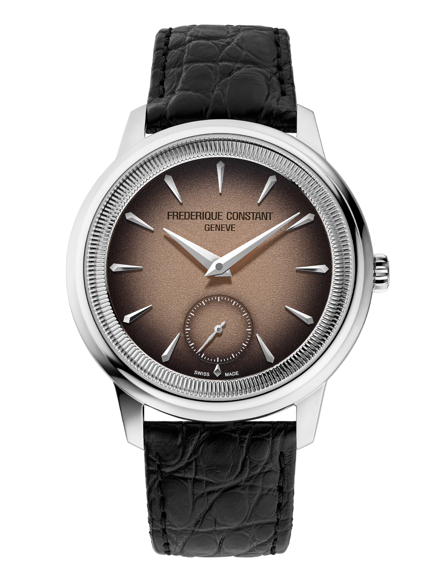 Frederique Constant Classics Moneta Handwinding watch with silver tone case, brown dial, small seconds, and black leather strap