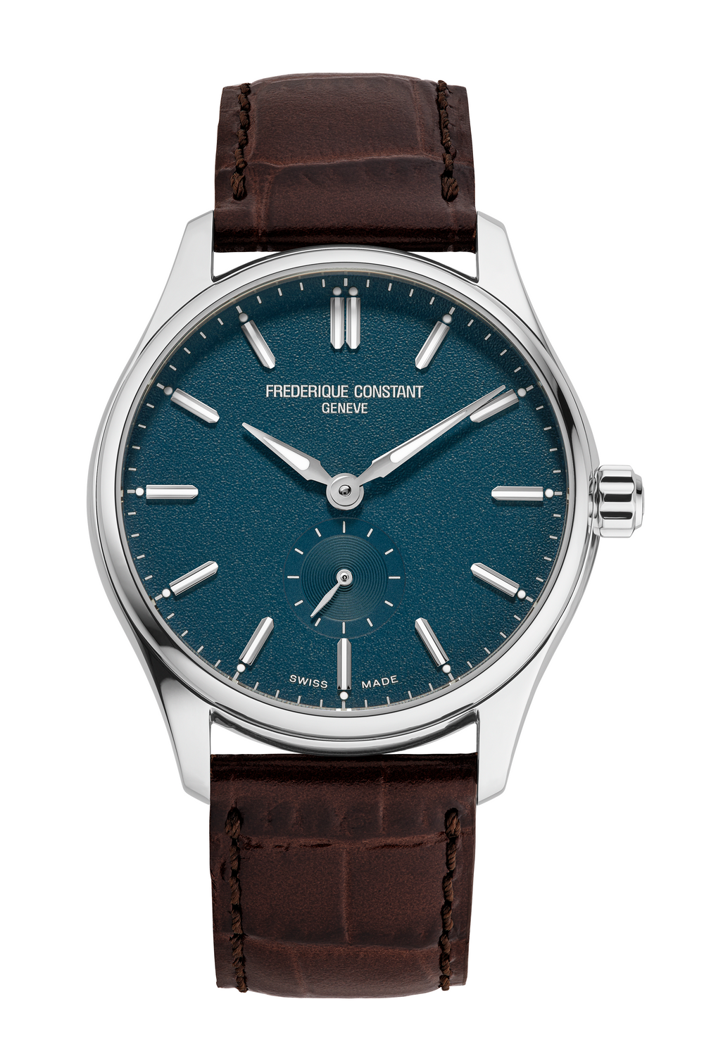 Frederique Constant Classics Index Automatic watch with blue grained dial stainless steel case brown leather strap and small seconds display